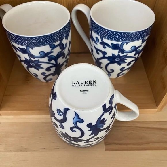 Ralph Lauren Mandarin Blue Bone China Coffee/Tea Cups Set of 3 - Picture 5 of 6